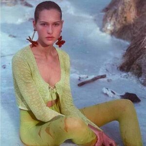 Zara Women's Medium Neon Green Cropped Tie Front Cardigan Cotton Metallic Trendy